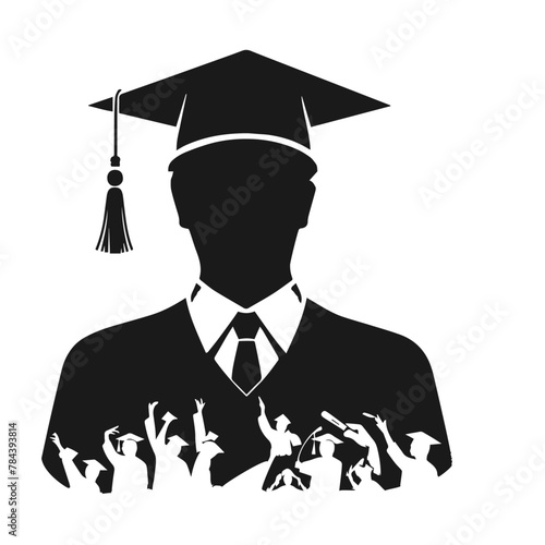 Happy graduate students with graduating caps and diploma or certificates, silhouette of group of people. Graduation event. Vector illustration
