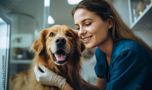 Caring Female Vet Enjoying a Tender Moment with a Joyful Golden Retriever During a Routine Check-Up