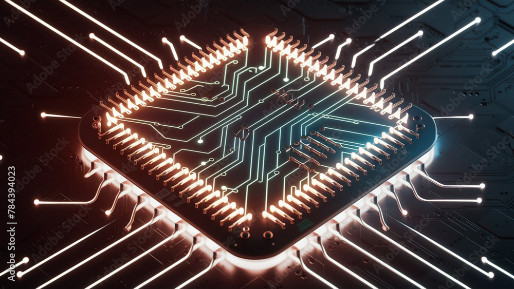 Fototapeta premium Abstract PCB with microchip and glowing tracks.