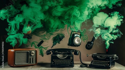 Abstract scene with antique things and clouds of thick green smoke above them.