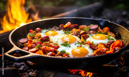 Campfire Culinary Delights: A Mouthwatering Outdoor Breakfast Spread with Sizzling Cast Iron Skillet, Perfectly Fried Eggs, Crispy Bacon, and Savory Sausages, Epitomizing the Joy of Camping Cuisine