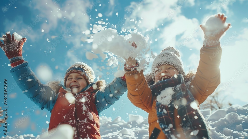 Children having fun playing in the snow, perfect for winter activities concept - obrazy, fototapety, plakaty 