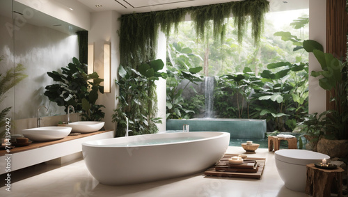 A bathroom with a large bathtub and a waterfall in the background.  