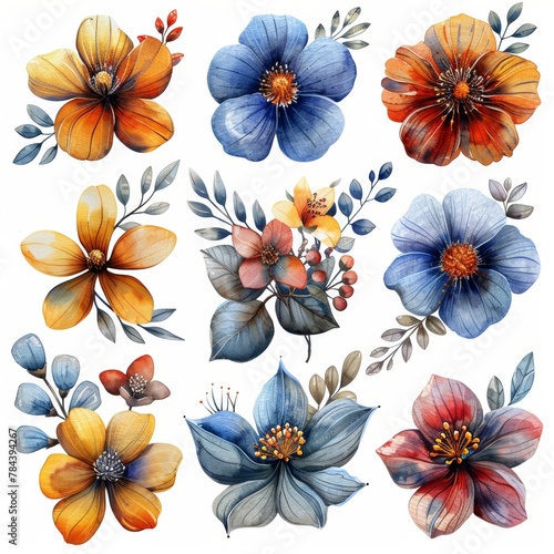 White background with watercolor illustrations depicting a variety of flowers and plants in various colors.