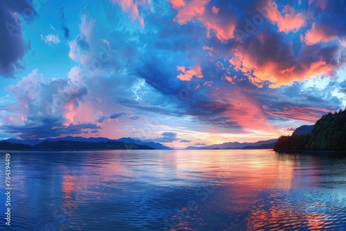 A beautiful sunset over a tranquil body of water. Perfect for nature and travel concepts