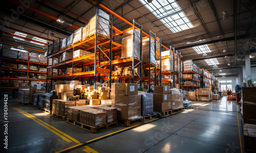 Modern Warehouse Interior with High Shelves, Forklifts, and Efficient Inventory Management System