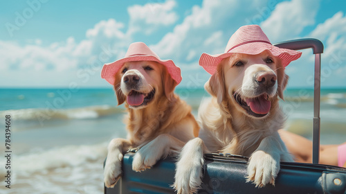 Two cute dogs, golden retrievers, with straw hats, standing on suitcase on sandy beach, just arrived on  summer holiday. Generative AI