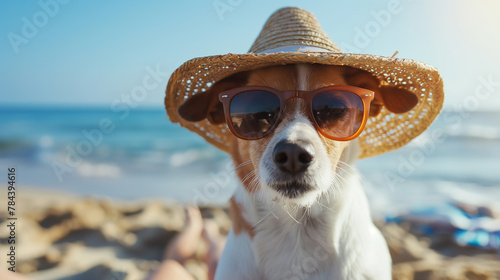 Portrait of cute dog, jack russell terrier, with sunglasses and straw hat, sitting on beach with sea in background, enjoying summer holiday. Generative AI