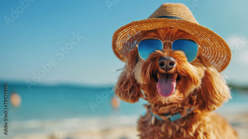 Portrait of cute dog, apricot poodle, with sunglasses and straw hat, sitting on beach with sea in background, enjoying summer holiday. Generative AI