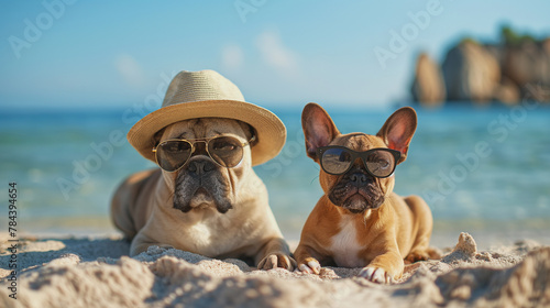 Portrait of two cute dogs with sunglasses and straw hat, lying on sandy beach with sea in background, enjoying summer holiday. Generative AI