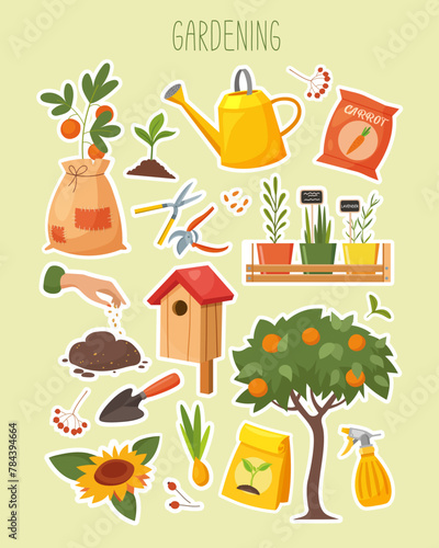 Vector stickers set with garden symbols includes birds feeder,seeds,potted plants,sprouted seeds,watering can,gardening toolsa and etc.
