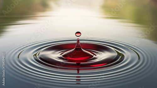 A drop of red liquid falling into blue water. photo
