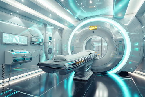 Futuristic high-tech MRI scanner in sterile medical facility. photo