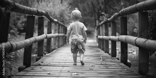 A young boy walking across a rustic wooden bridge. Suitable for nature and outdoor themes