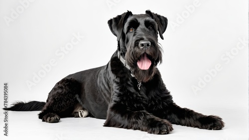   A large black dog reclines on a white floor; beside it, another black dog tongues out, its tongue visible in contrast photo