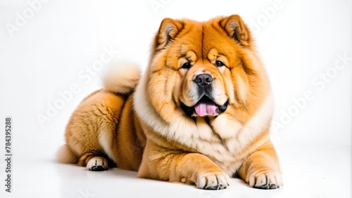  A tight shot of a dog lying on a pristine white background, its mouth agape and tongue lolling out