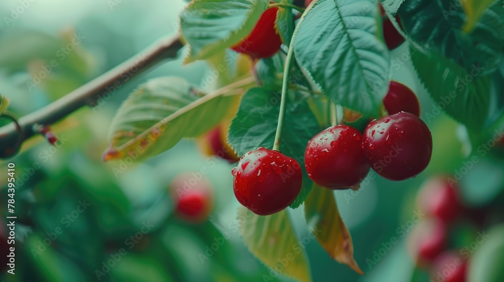 Fresh cherries hanging on a tree, perfect for food and nature concepts Fresh cherries hanging on a tree, perfect for food and nature concepts