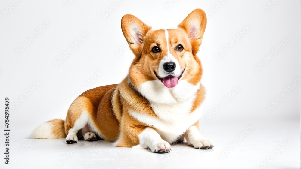   A tight shot of a dog reclining on a white background, tongue extended
