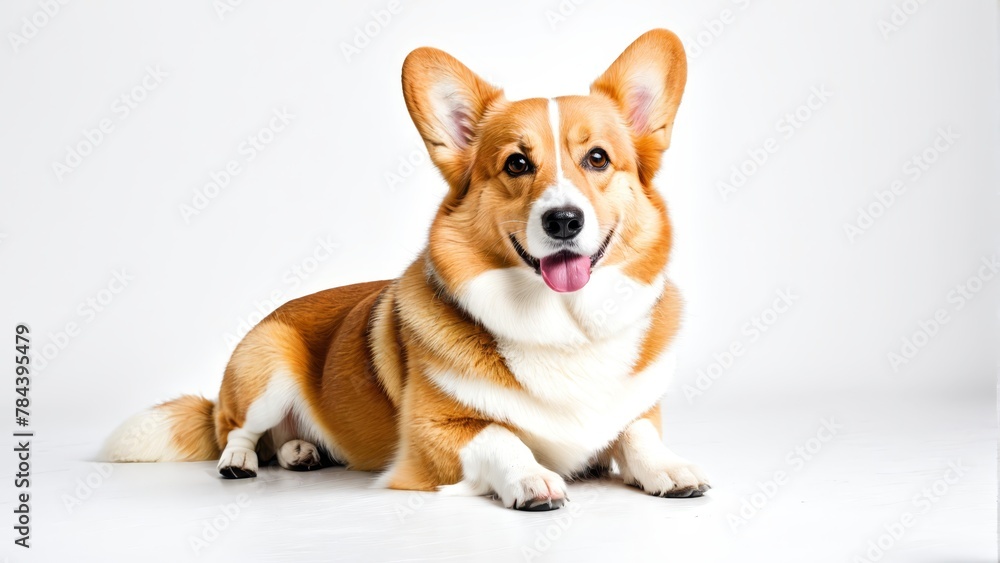 A tight shot of a dog reclining on a white background, tongue extended A tight shot of a dog reclining on a white background, tongue extended