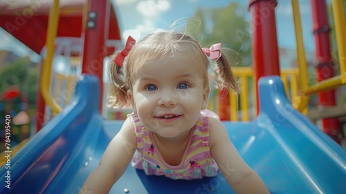 Little girl having fun on playground slide, perfect for family and childhood themes
