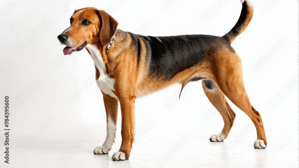A brown-and-black dog stands atop a white floor, next to a black-and-brown dog with its tongue hanging out A brown-and-black dog stands atop a white floor, next to a black-and-brown dog with its tongue hanging out
