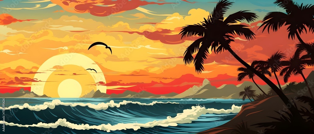 Tropical Sunset Beach Palm Trees Silhouette Ocean Waves Birds
