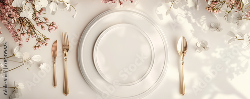 The luxurious table decoration impresses with its refined presentation, with an exquisite mock-up of an invitation card for a wedding, baptism, communion or other event. photo