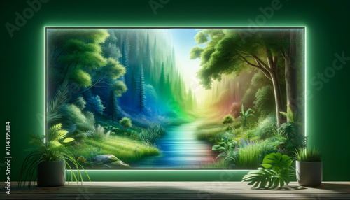 A vibrant, lush forest scene depicted in a framed, wall-sized painting, with radiant beams of light filtering through the trees, creating an enchanting, dreamlike atmosphere.