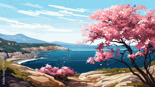 Crimean coast with flowering trees in spring 2d flat