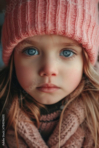 A little girl wearing a pink hat and scarf, suitable for winter fashion concept