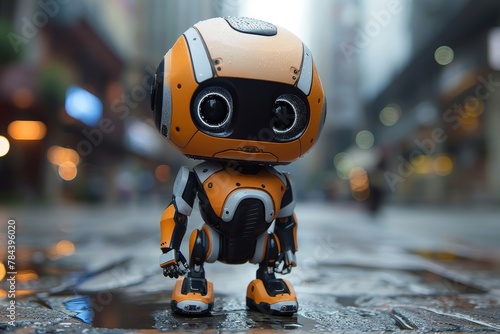 A small orange and white robot with large soulful eyes standing on a wet urban street