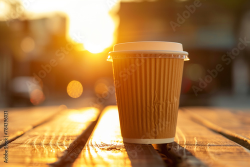 Takeaway coffee cup on wooden bench during warm sunrise, ideal for daily lifestyle themes.