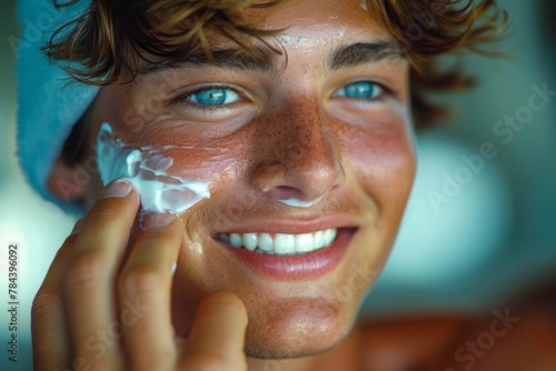 A teenage boy applies sunscreen on his face, underscored by sunny, beachy vibes