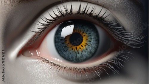   A tight shot of a person's eye, displaying a blue and yellow iris at its core photo
