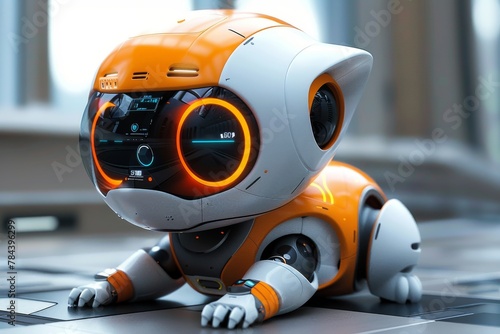 Bright orange high-tech robotic cat with a large visor and relaxed sitting position