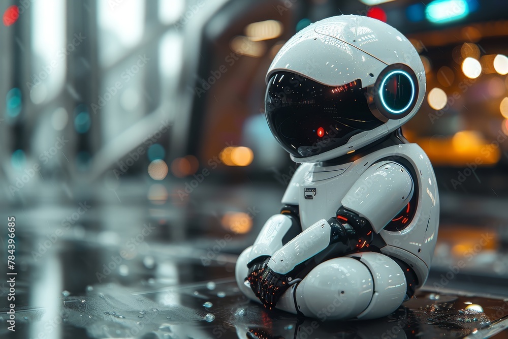 A solitary robot sits on a wet surface with city lights reflected, evoking a sense of solitude and reflection in a modern environment A solitary robot sits on a wet surface with city lights reflected, evoking a sense of solitude and reflection in a modern environment