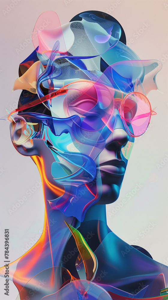 3D rendering of a woman's face with sunglasses made of colorful glass shards.