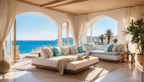A modern living room with a view of the ocean.   © Awais