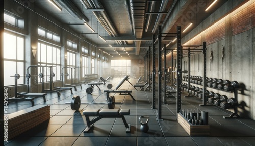 gym features a variety of fitness equipment such as barbells