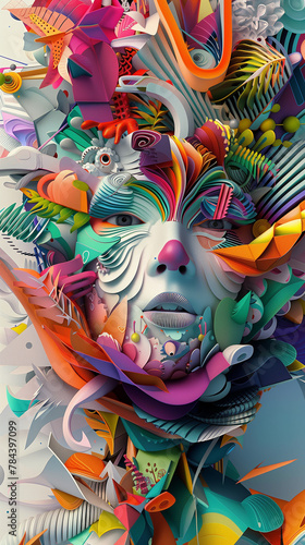 A 3D rendering of a woman's face made out of colorful and abstract shapes.