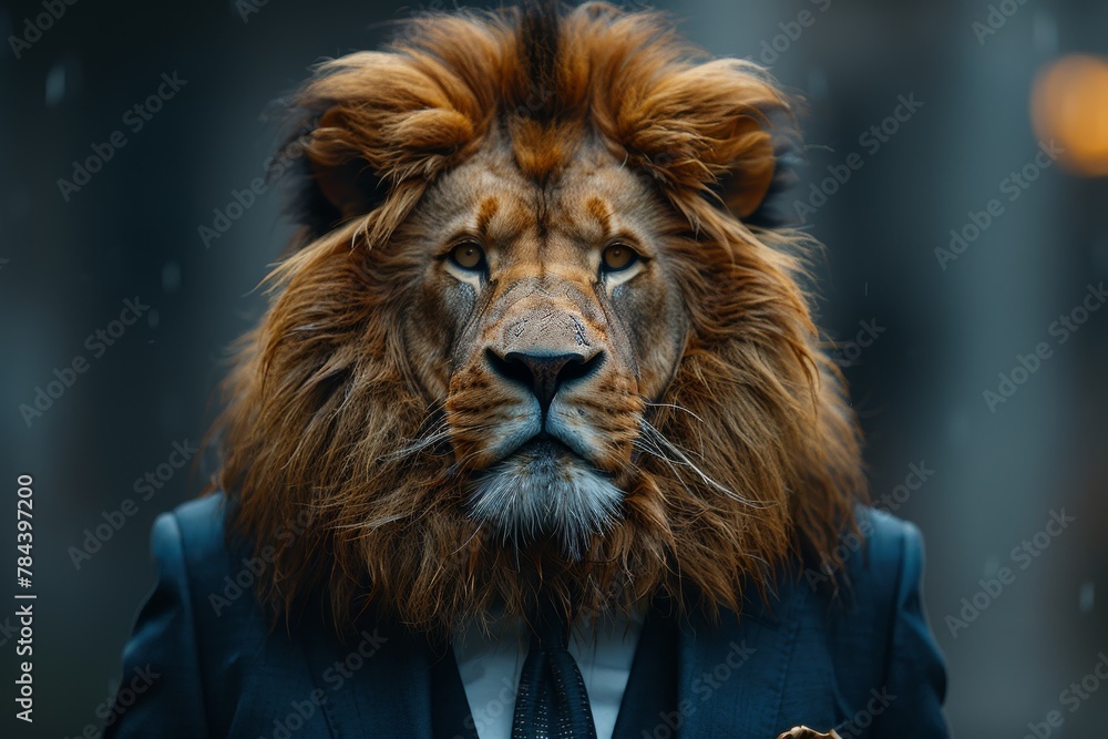A lion head on a man's body in a blue suit, gazing towards the cityscape, exudes power and contemplation A lion head on a man's body in a blue suit, gazing towards the cityscape, exudes power and contemplation