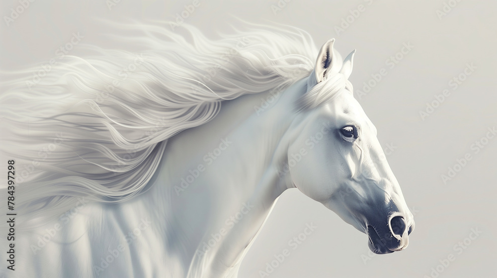 A beautiful white horse with a long flowing mane is shown in profile. - obrazy, fototapety, plakaty 