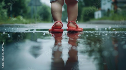 A little girl standing in the rain with her red flip flops. Suitable for weather or childhood concept