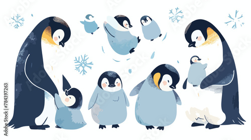 Cute Penguin Family Clipart 2d flat cartoon vactor