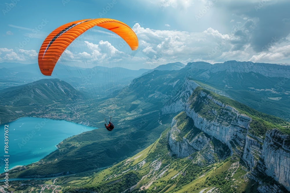 An orange parachute contrasts with a clear blue sky while flying over a stunning mountainous landscape with blue lake An orange parachute contrasts with a clear blue sky while flying over a stunning mountainous landscape with blue lake