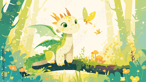 Cute Woodland Dragon Babie 2d flat cartoon vactor illustration