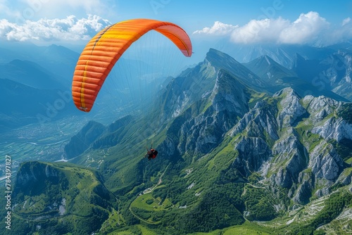 An orange paraglider enhances the breathtaking beauty of mountain peaks and a blue lake in a scene of natural grandeur