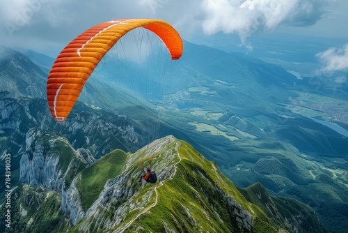Crisp shot of a paraglider caught mid-flight over a mountain crest, with the valley sprawling out beneath the vibrant orange wing