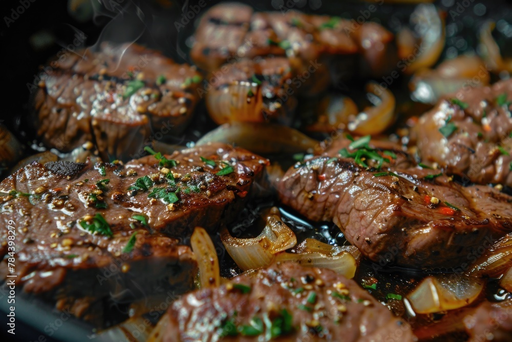 Steaks being cooked in a skillet with onions and herbs. Suitable for food blogs or recipes