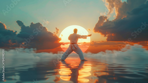 A man in a white karate gi stands on a lake at sunset, with clouds in the background.